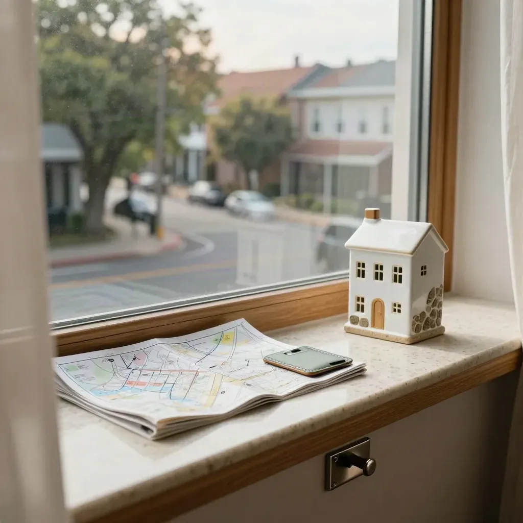 Window view with map, transit card holder, and ceramic townhouse on a travertine ledge.
