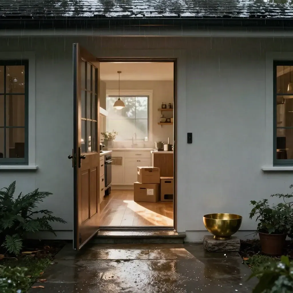 Rain-sheened family home entry at sunrise with boxes, keys, and bright kitchen beyond.