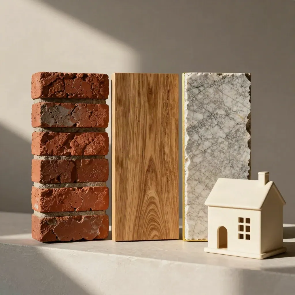 Brick, oak and stone comparison boards beside a small house model on a plaster ledge.
