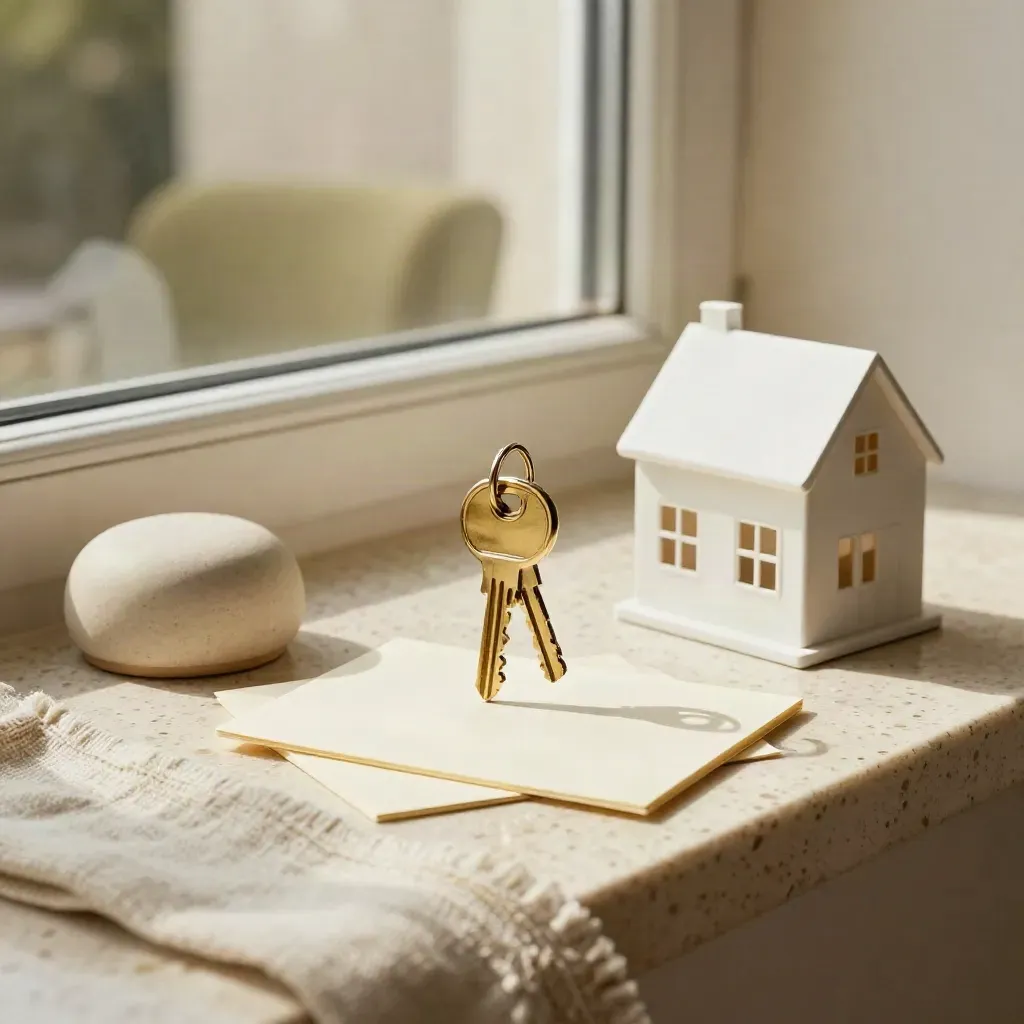 Key ring mid-arc beside a miniature house, blank note cards, and a ceramic paperweight on a travertine sill.