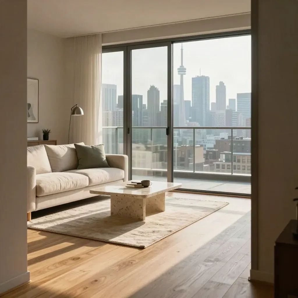 Finished condo living room with oak floors, sage accents, balcony light, and a Toronto skyline view.