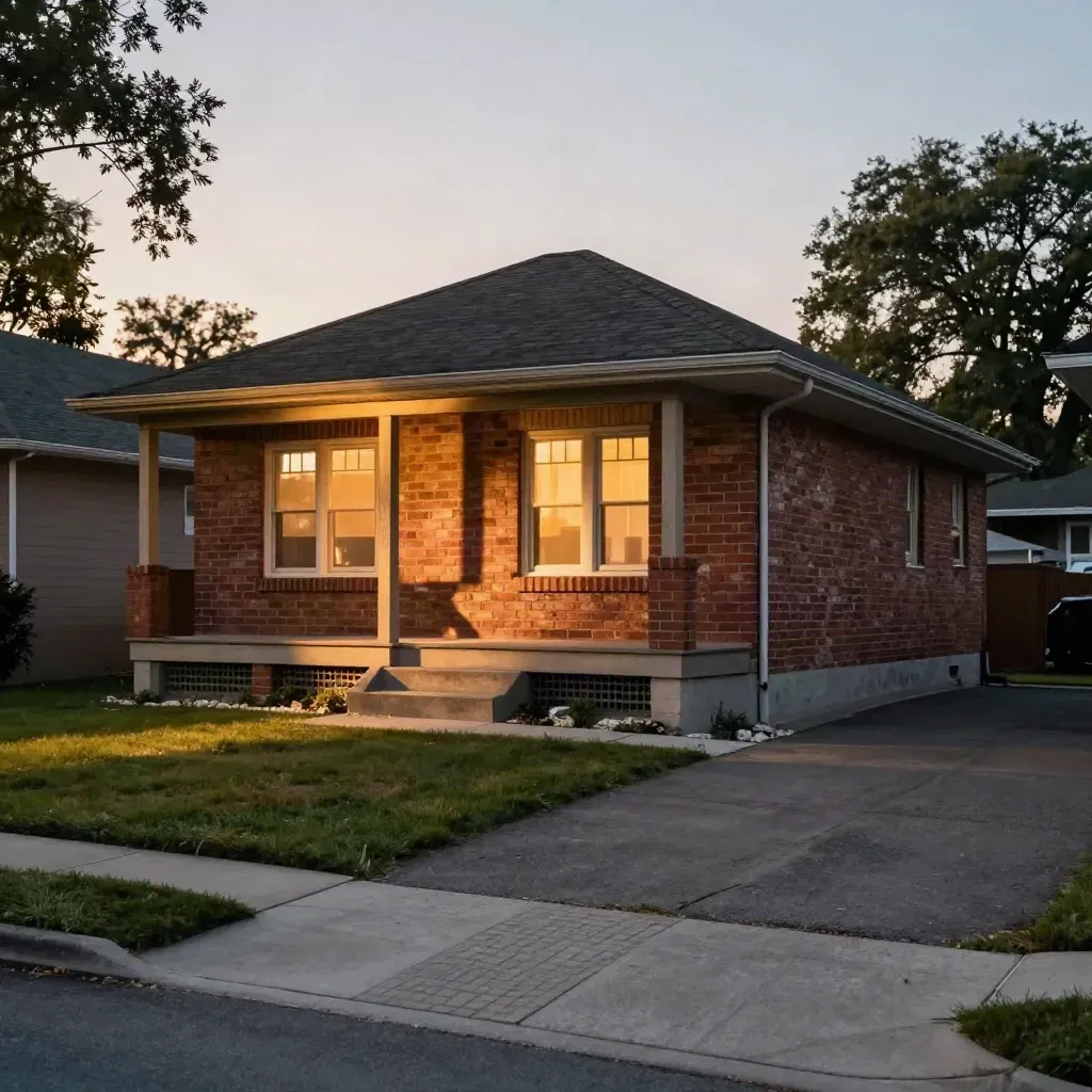 Brick family home at dusk with glowing windows, porch, lawn, and driveway.