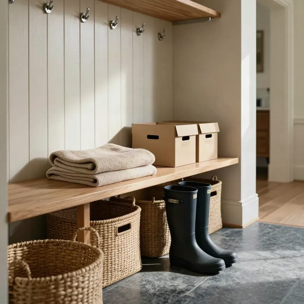 Calm mudroom with baskets, hooks, folded blanket, and open moving boxes settling into place.