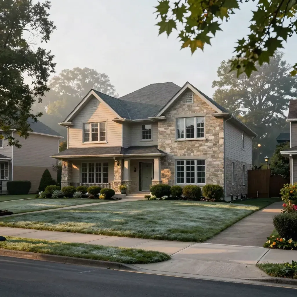 Misty York Region house on a tree-lined street with curving sidewalk and distant rail hint