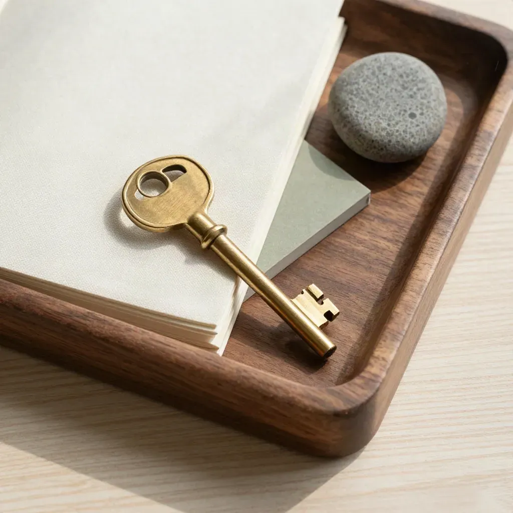 Top-down still life of a brass key, closed notebook and stone paperweight in a walnut tray.