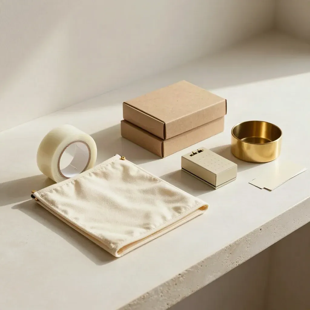 Folded moving kit, tape roll, box corners, key bowl and calendar block on a plaster sweep.