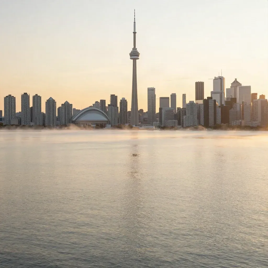 Toronto skyline at sunrise with CN Tower above misty lakefront and calm water copy space