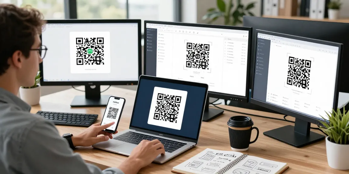 Dynamic QR Code Generator workspace with multiple screens, laptop, and analytics tools, showcasing creativity and productivity.